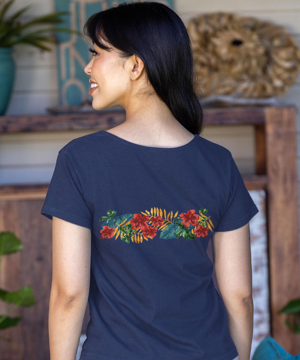 Tropical Leaves Band - Navy Short Sleeve Scoop Neck T-Shirt