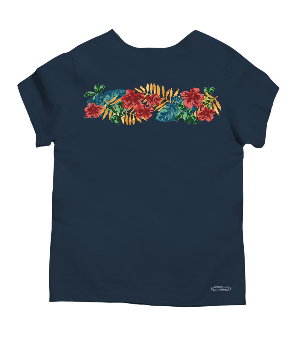 Tropical Leaves Band - Navy Short Sleeve Scoop Neck T-Shirt
