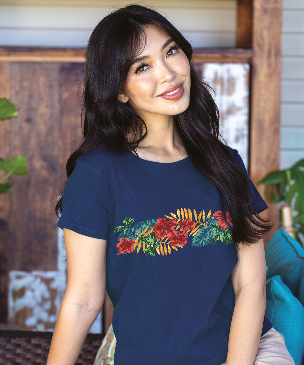 Tropical Leaves Band - Navy Short Sleeve Scoop Neck T-Shirt