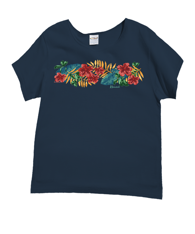 Tropical Leaves Band - Navy Short Sleeve Scoop Neck T-Shirt