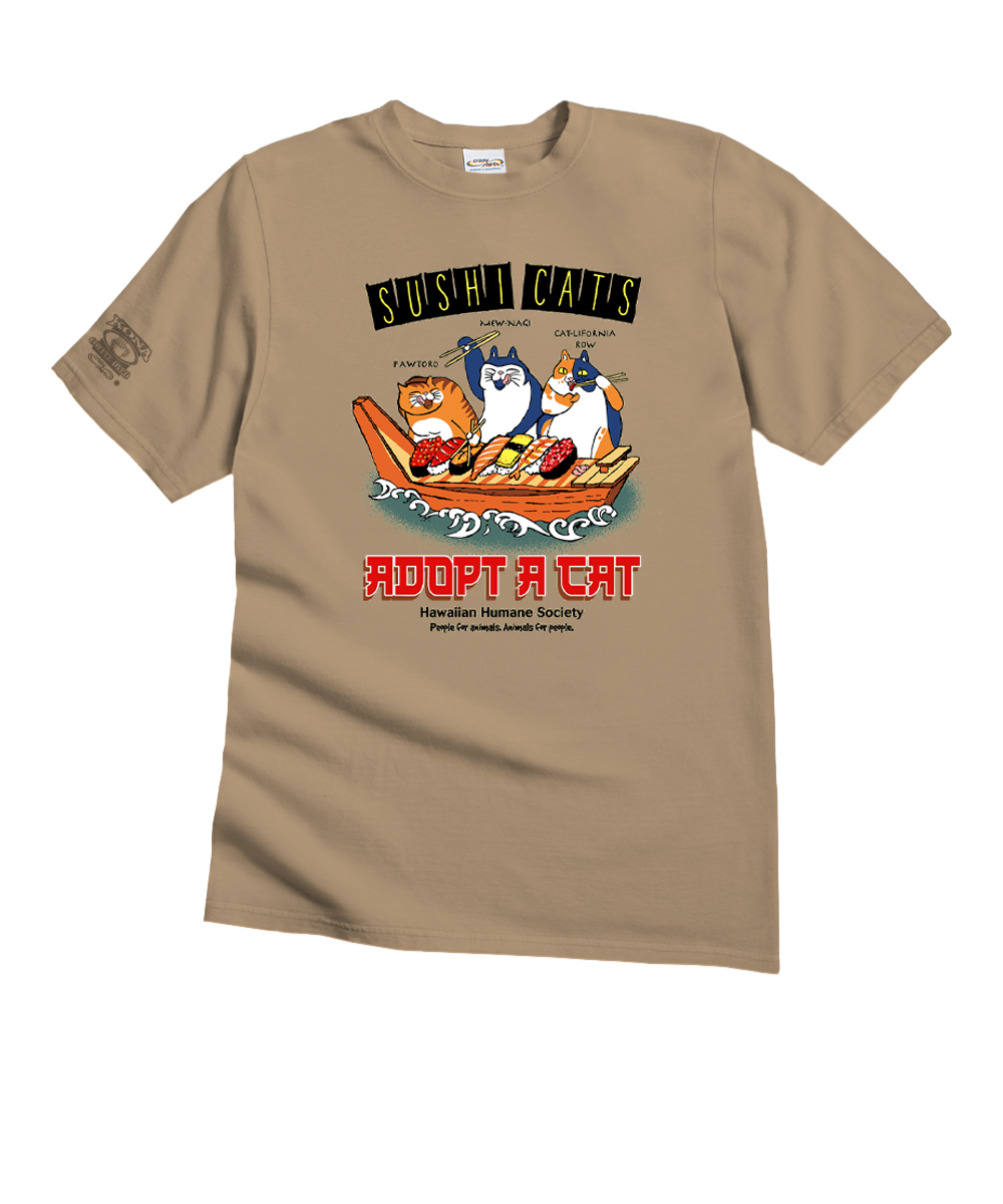 Hawaiian Humane Society Sushi Cats - Kona Coffee Dyed Short Sleeve Crewneck T-Shirt