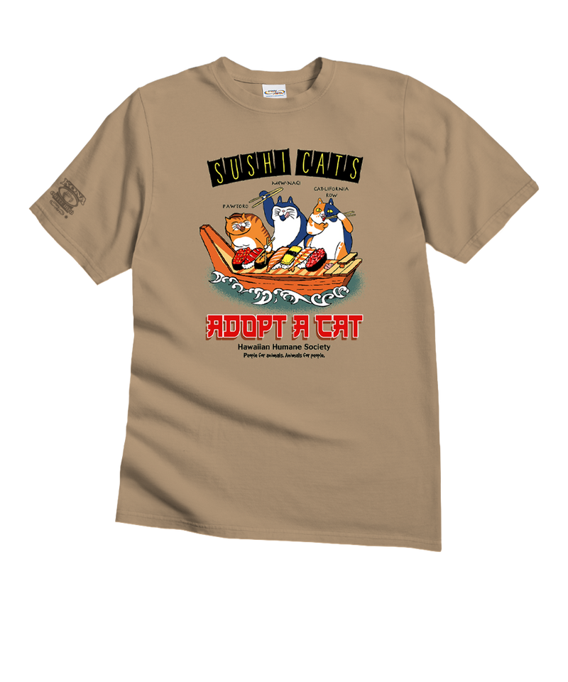 Hawaiian Humane Society Sushi Cats - Kona Coffee Dyed Short Sleeve Crewneck T-Shirt