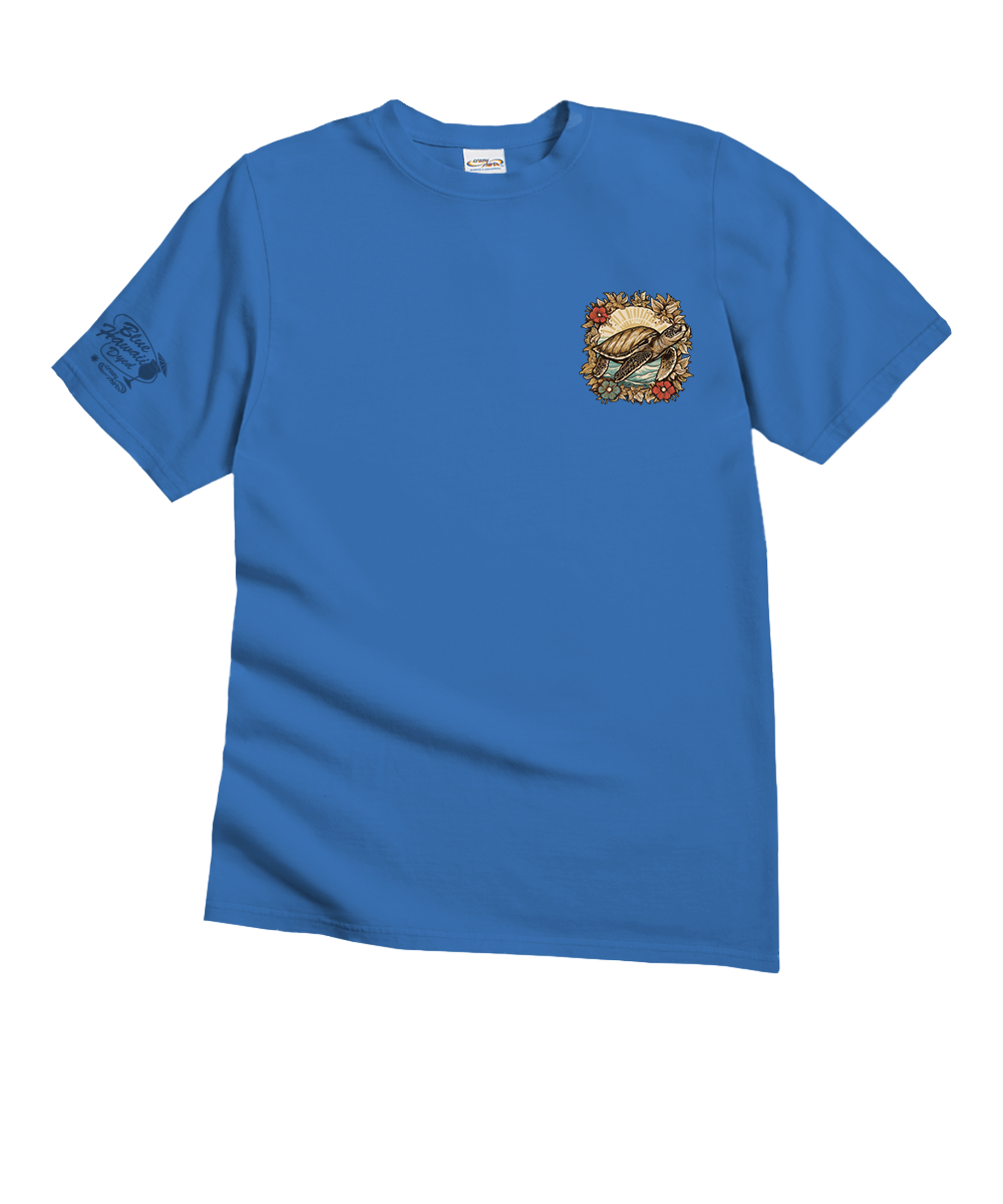 Woodcut Honu - Blue Hawaii Dyed Short Sleeve Crewneck T-Shirt