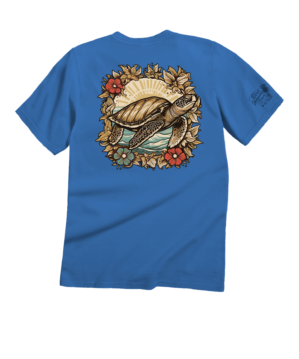 Woodcut Honu - Blue Hawaii Dyed Short Sleeve Crewneck T-Shirt