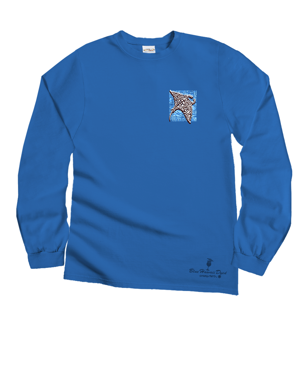 Tribal Manta Block - Blue Hawaii Dyed Long Sleeve Crewneck T-Shirt