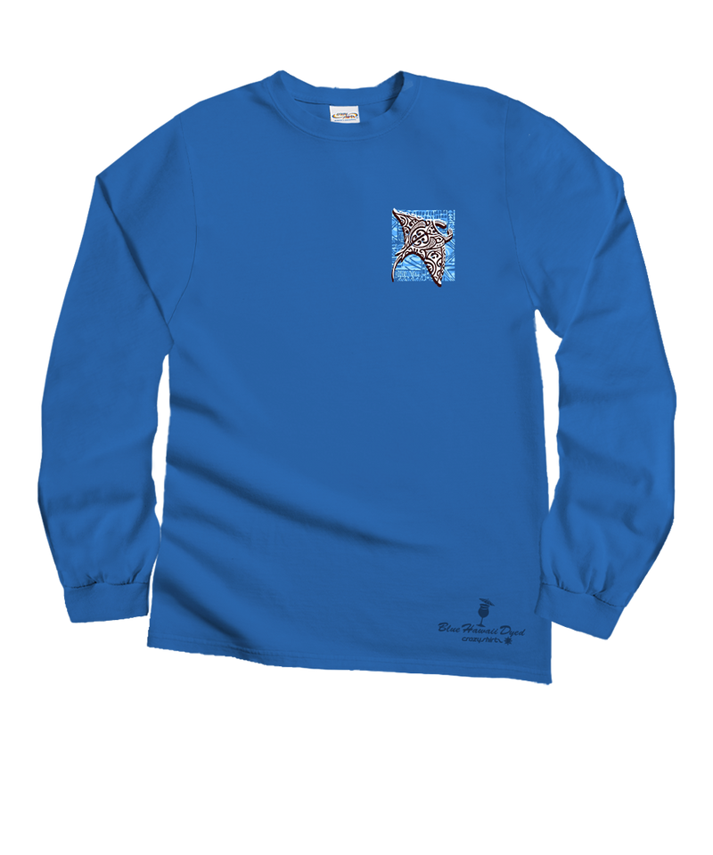 Tribal Manta Block - Blue Hawaii Dyed Long Sleeve Crewneck T-Shirt