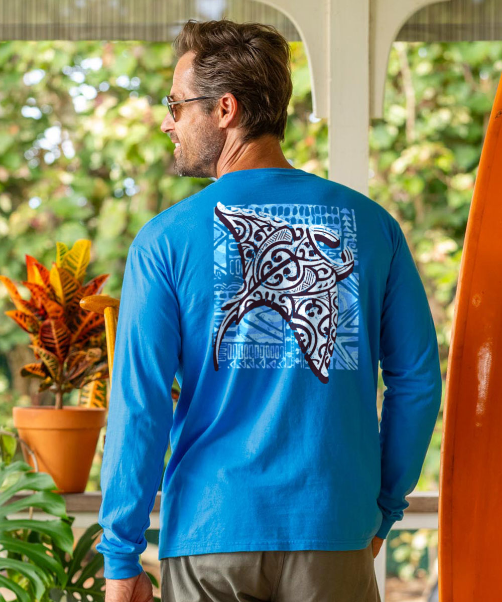 Tribal Manta Block - Blue Hawaii Dyed Long Sleeve Crewneck T-Shirt