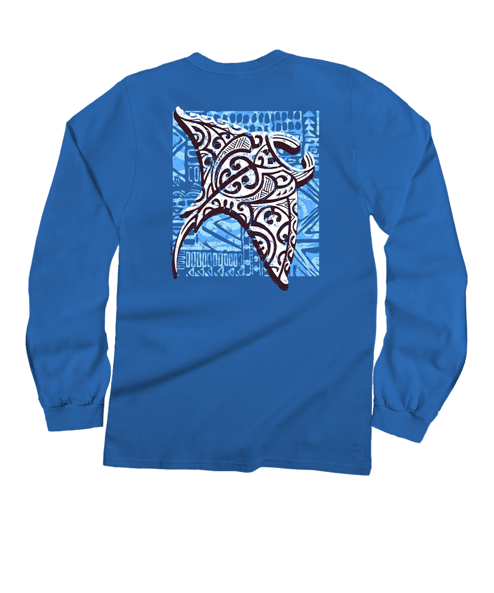 Tribal Manta Block - Blue Hawaii Dyed Long Sleeve Crewneck T-Shirt
