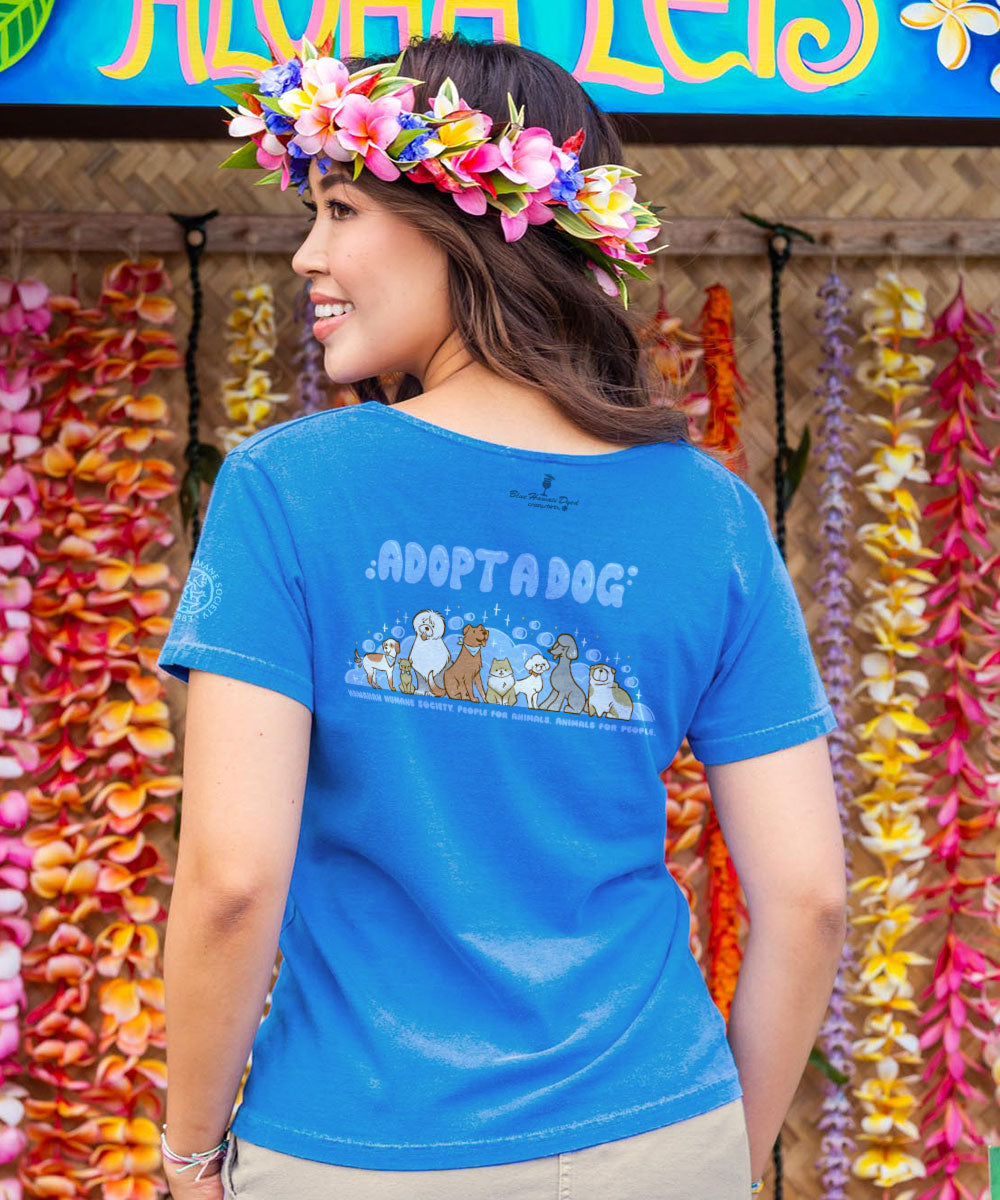 Hawaiian Humane Society At The Groomer - Blue Hawaii Dyed Short Sleeve Scoop Neck T-Shirt