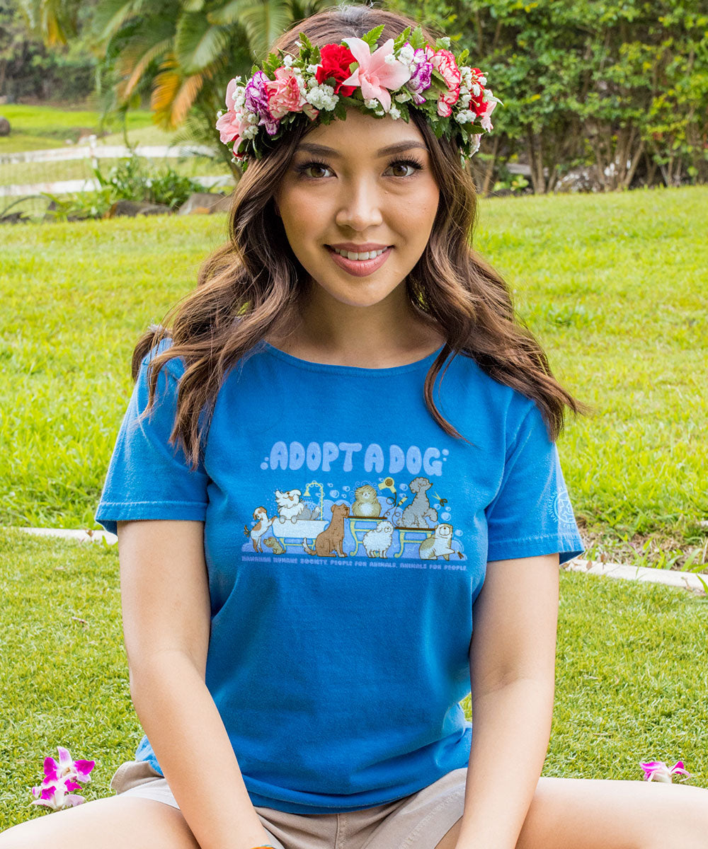 Hawaiian Humane Society At The Groomer - Blue Hawaii Dyed Short Sleeve Scoop Neck T-Shirt