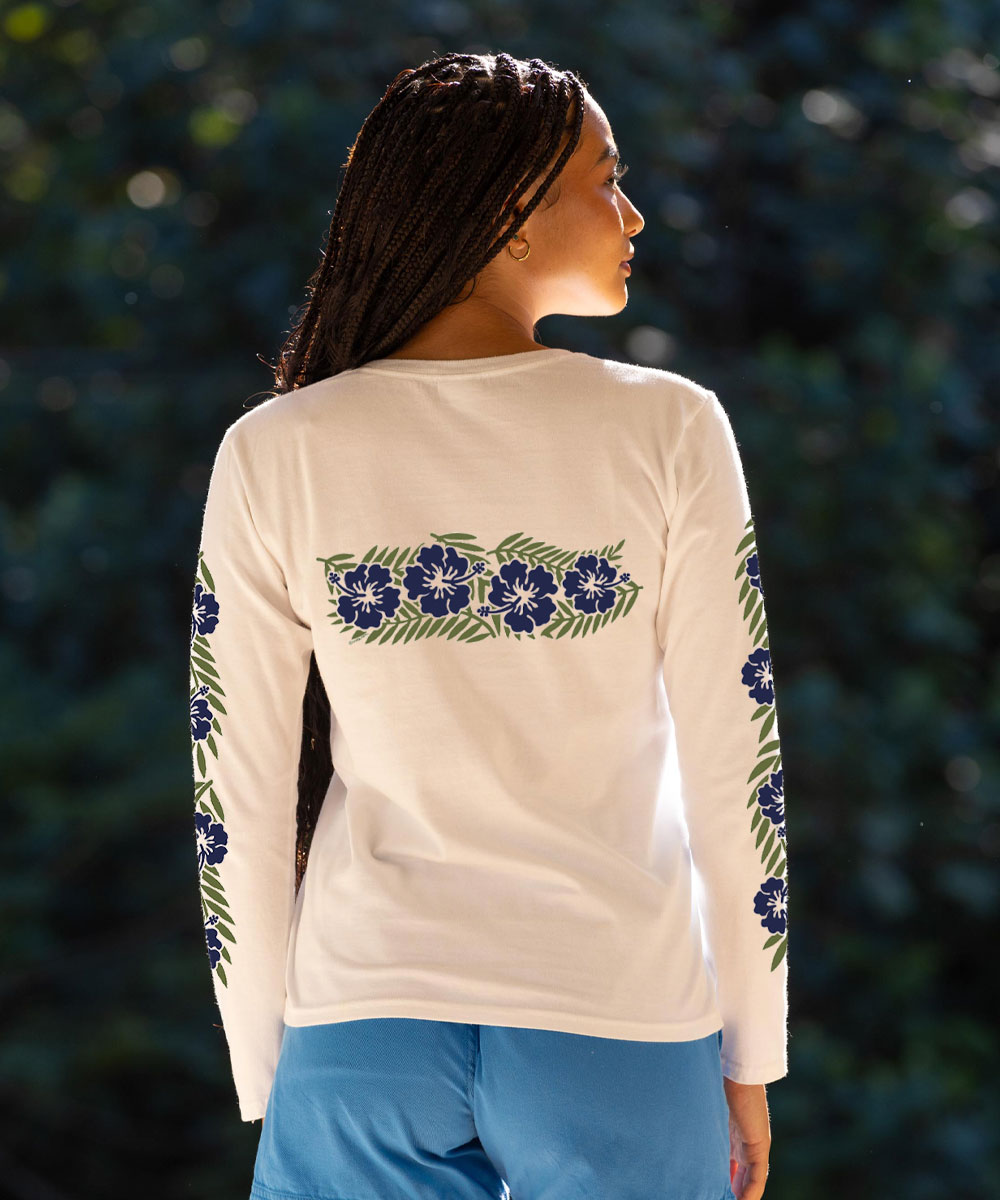 Retro Hibiscus - White Long Sleeve Crewneck T-Shirt