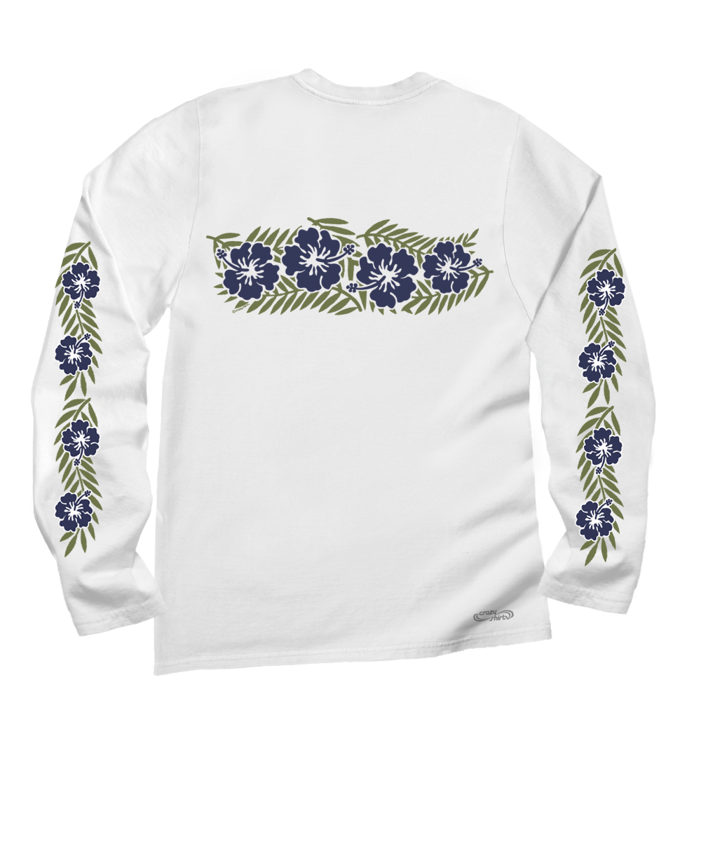 Retro Hibiscus - White Long Sleeve Crewneck T-Shirt