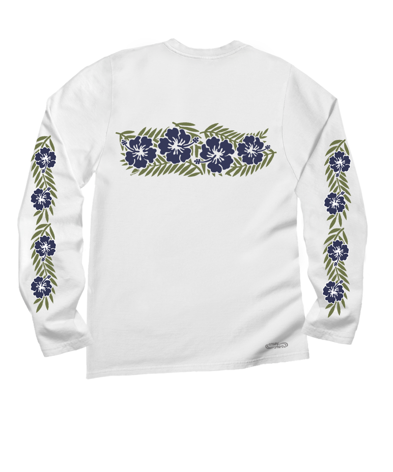 Retro Hibiscus - White Long Sleeve Crewneck T-Shirt