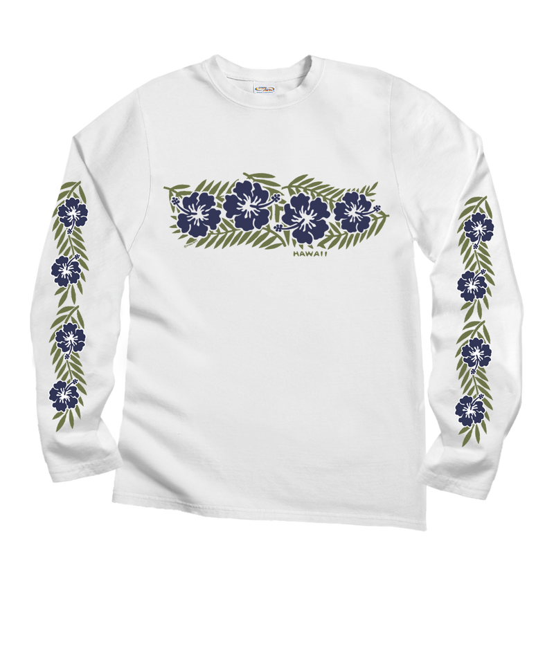 Retro Hibiscus - White Long Sleeve Crewneck T-Shirt