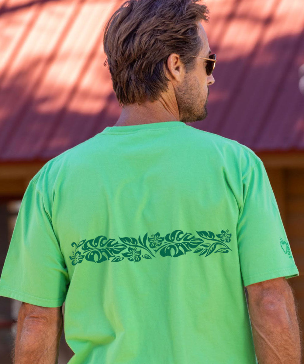 Hawaiian Floral Band - Green Apple Dyed Short Sleeve Crewneck T-Shirt