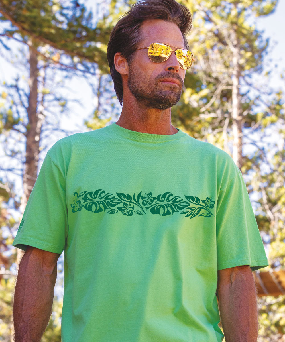 Hawaiian Floral Band - Green Apple Dyed Short Sleeve Crewneck T-Shirt