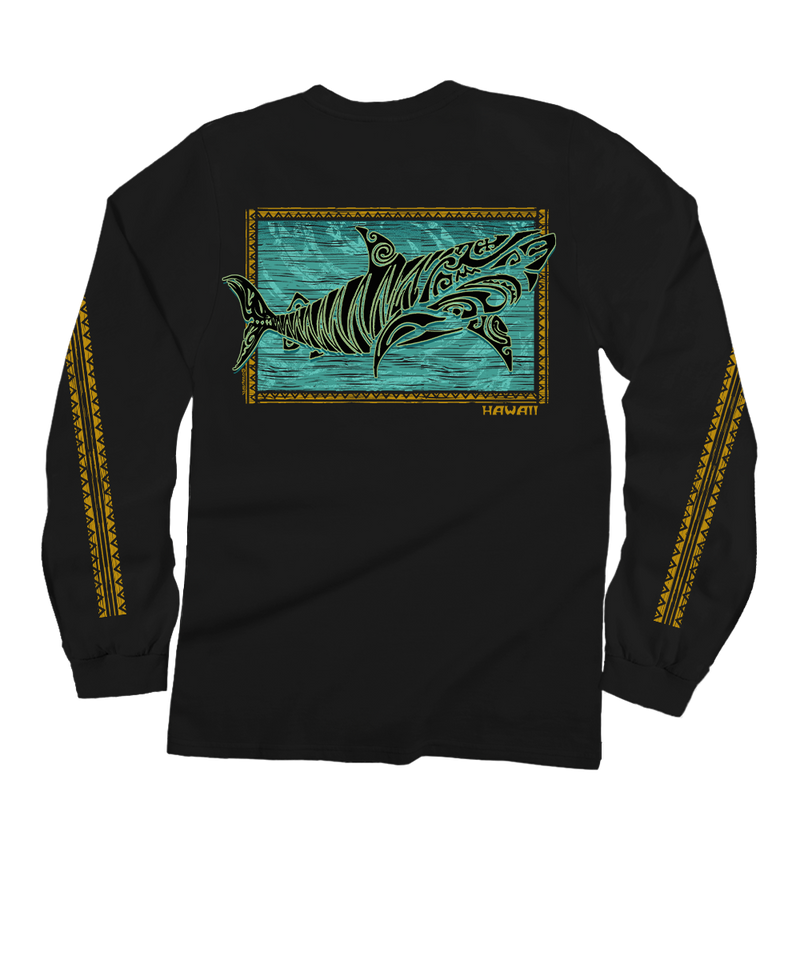 Tribal Tiger Shark - Black Long Sleeve Crewneck T-Shirt