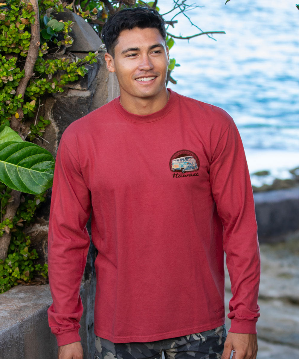 Volkswagen On The Beach - Paradise Red Dyed Long Sleeve Crewneck T-Shirt