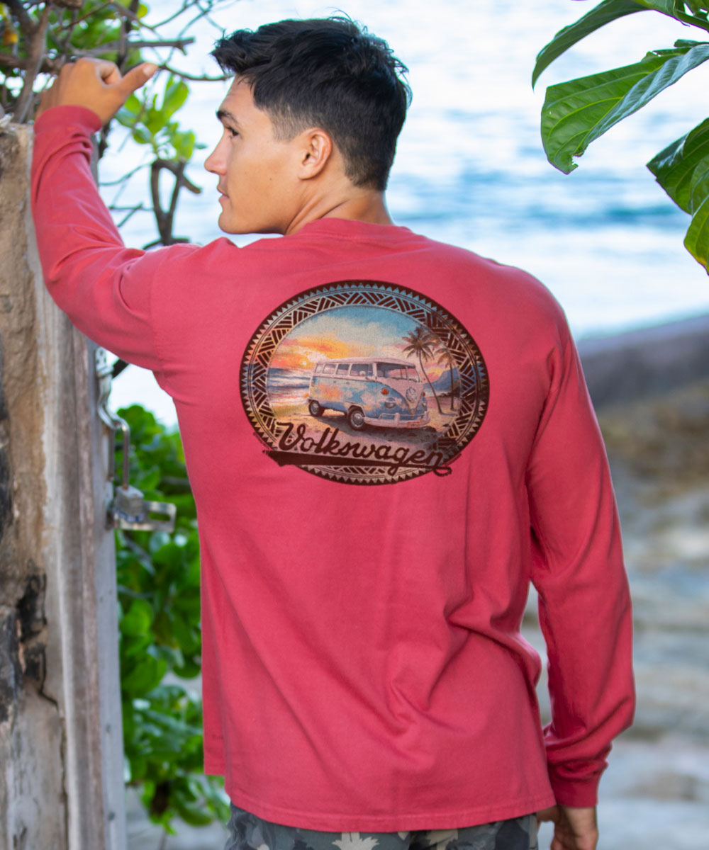 Volkswagen On The Beach - Paradise Red Dyed Long Sleeve Crewneck T-Shirt