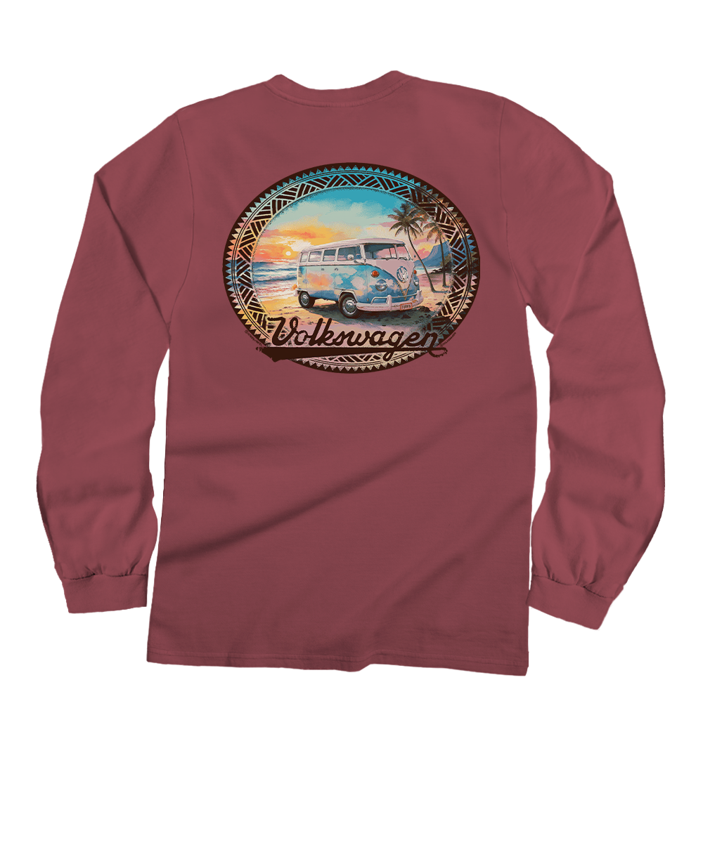 Volkswagen On The Beach - Paradise Red Dyed Long Sleeve Crewneck T-Shirt