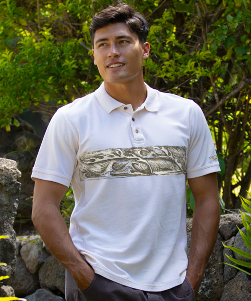 Sketchy Wave Band - Coconut Dyed Short Sleeve Oceanfront Polo Shirt