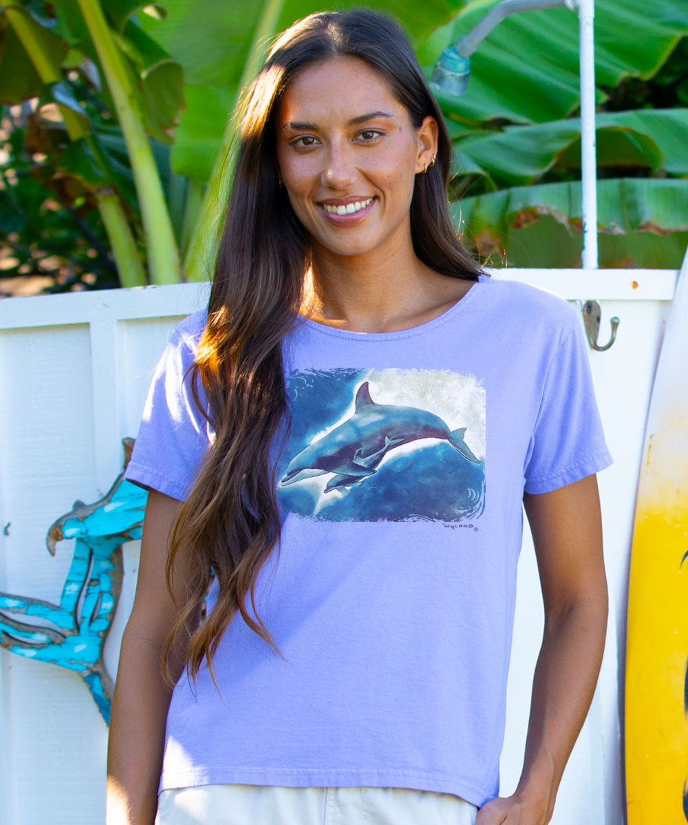 Wyland® Dolphin Block - Lavender Dyed Short Sleeve Scoop Neck T-Shirt