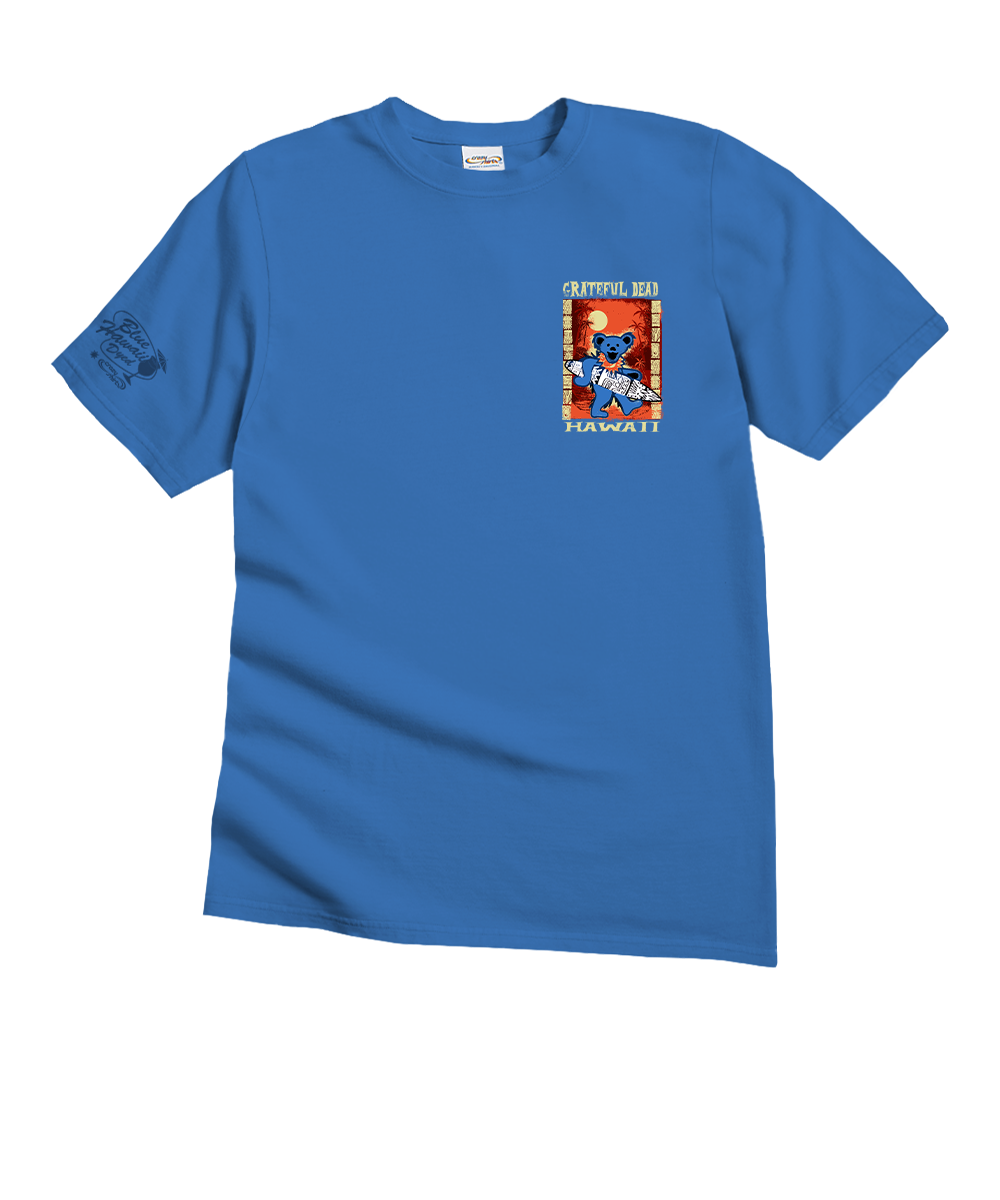 Blue t-shirt with a graphic design on a white background View 4
