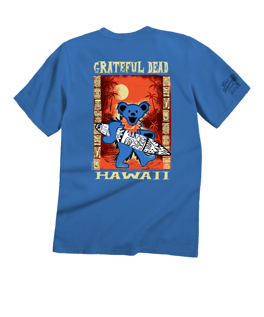 Blue t-shirt with Grateful Dead Hawaii graphic on a white background View 1