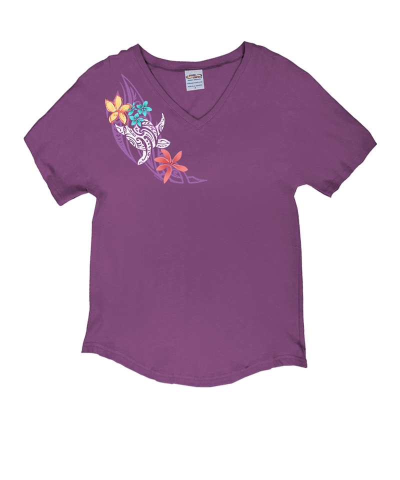 Tribal Honu Puas - Violet Short Sleeve Dolman V-Neck Tee