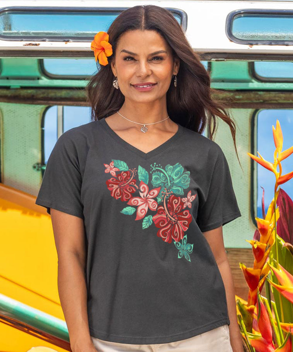 Swirly Hibiscus - Charcoal Short Sleeve Dolman V-Neck Tee