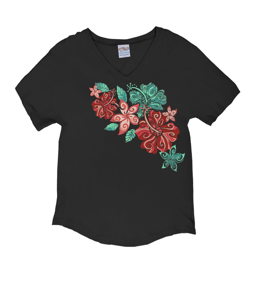 Swirly Hibiscus - Charcoal Short Sleeve Dolman V-Neck Tee