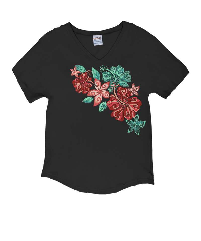 Swirly Hibiscus - Charcoal Short Sleeve Dolman V-Neck Tee
