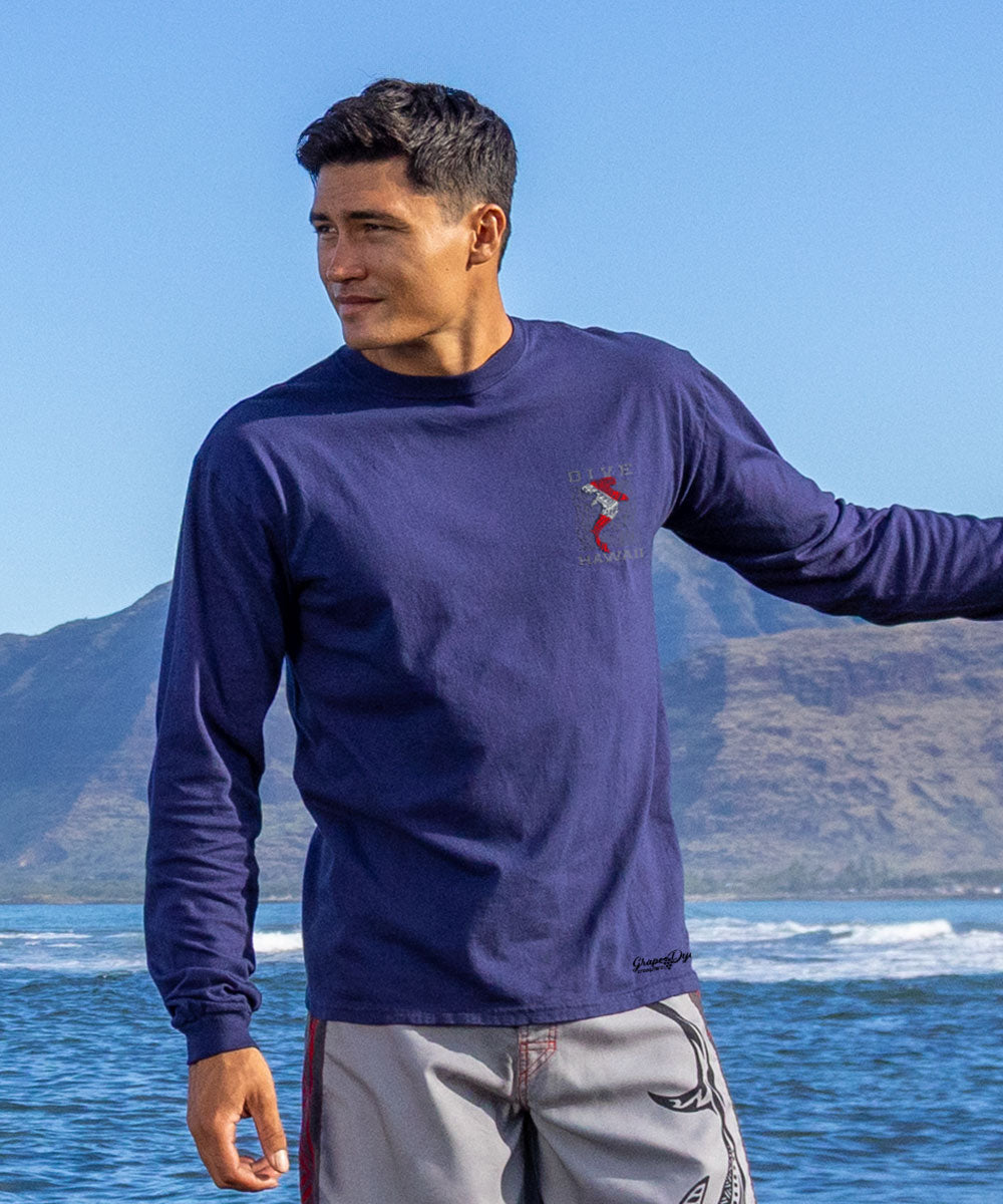 Tribal Mano Dive Flag - Grape Dyed Long Sleeve Crewneck T-Shirt