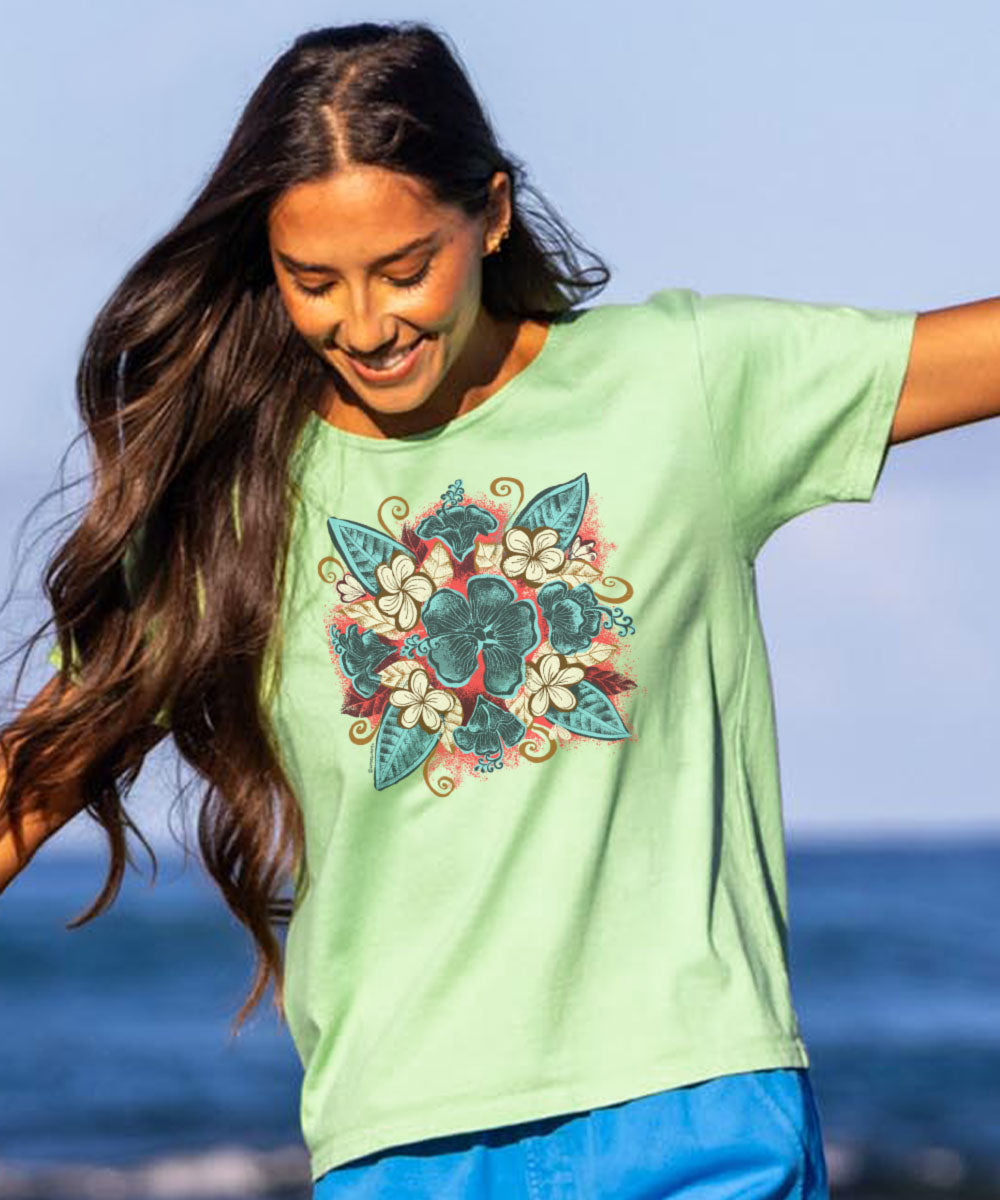 Flowers Gather - Key Lime Dyed Short Sleeve Scoop Neck T-Shirt