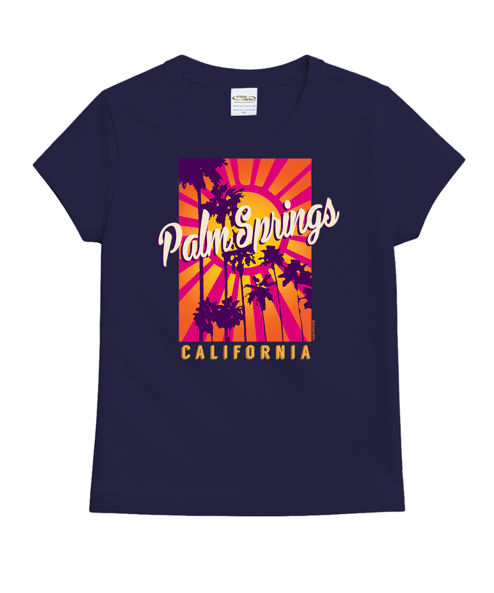 Navy blue t-shirt with 'Palm Springs California' graphic design on a white background View 1
