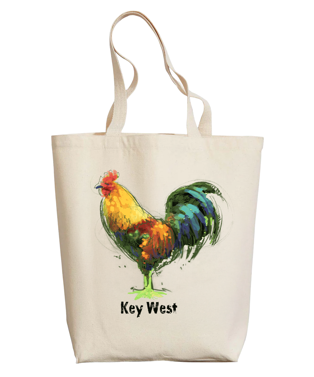 Tote bag with a colorful rooster design and 'Key West' text on a white background View 1