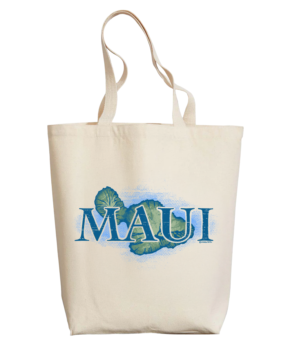 Beige tote bag with 'MAUI' and a map design on a white background View 1