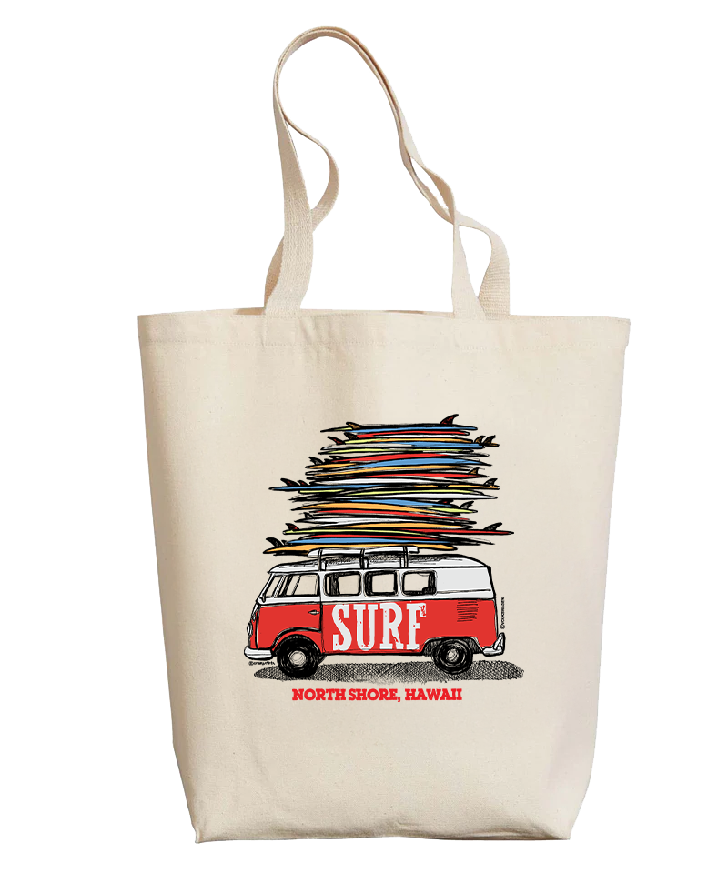 Tote bag with a graphic of a van and surfboards on a white background View 1