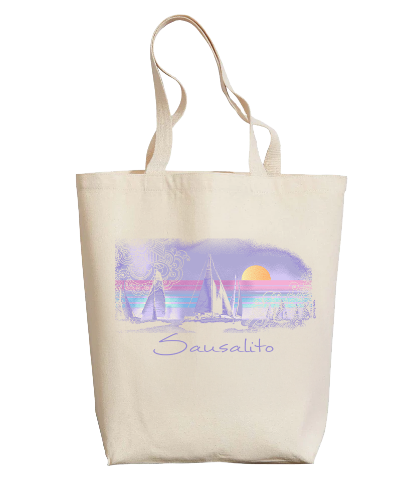Tote bag with a scenic design and 'Sausalito' text on a white background View 1