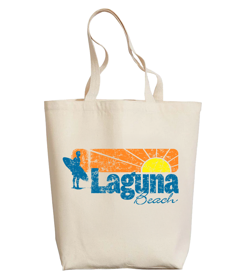 Tote bag with 'Laguna Beach' design featuring a surfer and sunset on a white background View 1