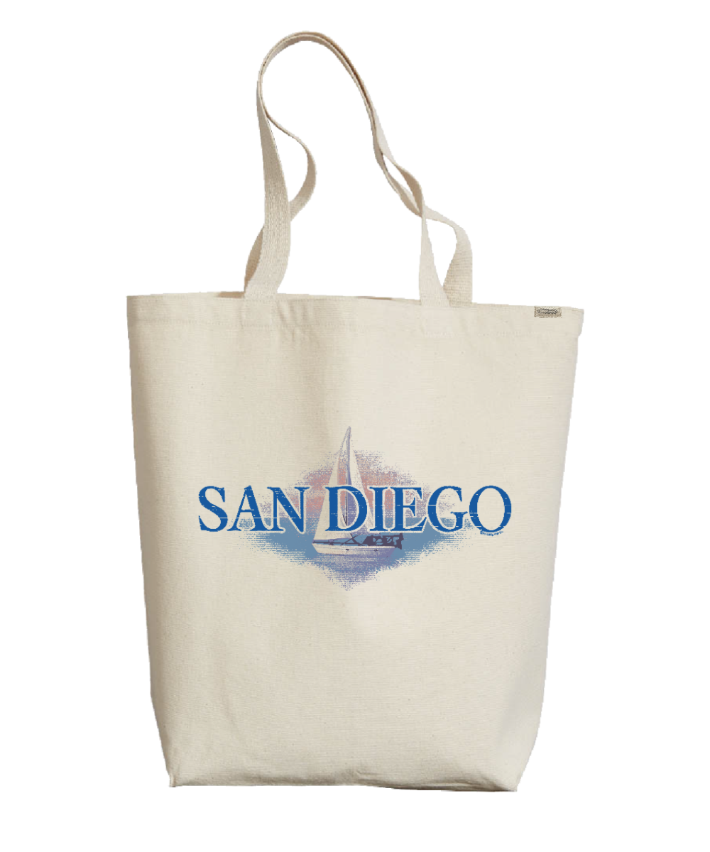 Beige tote bag with 'San Diego' and sailboat design on a white background View 1