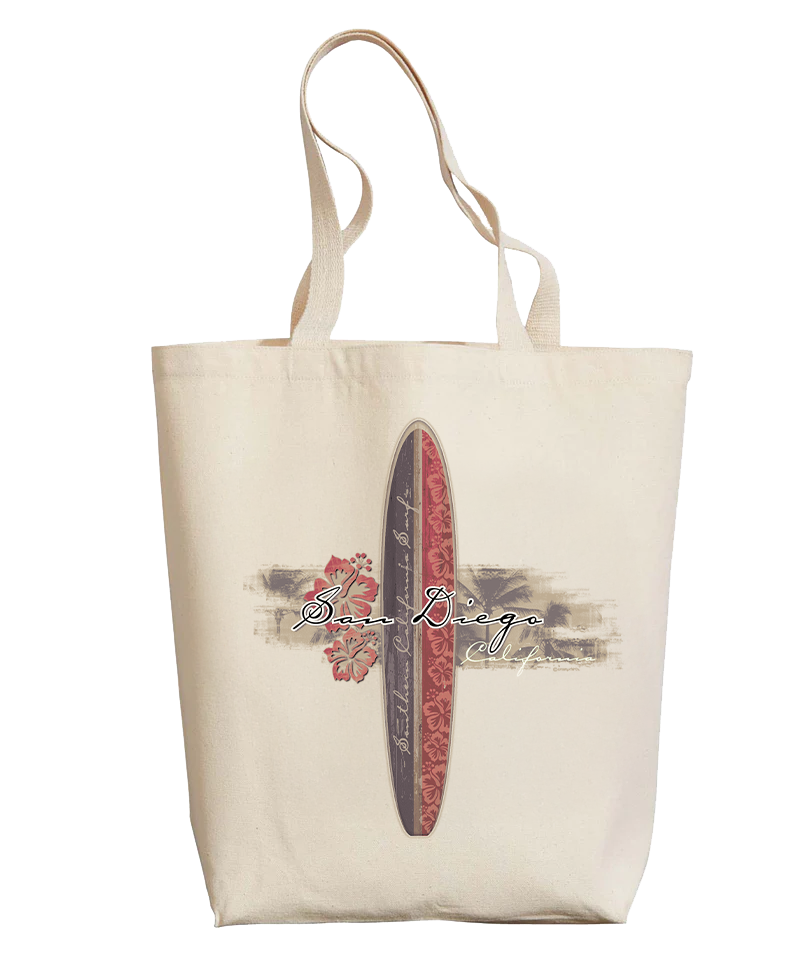 Beige tote bag with a surfboard design and 'San Diego' text on a white background View 1
