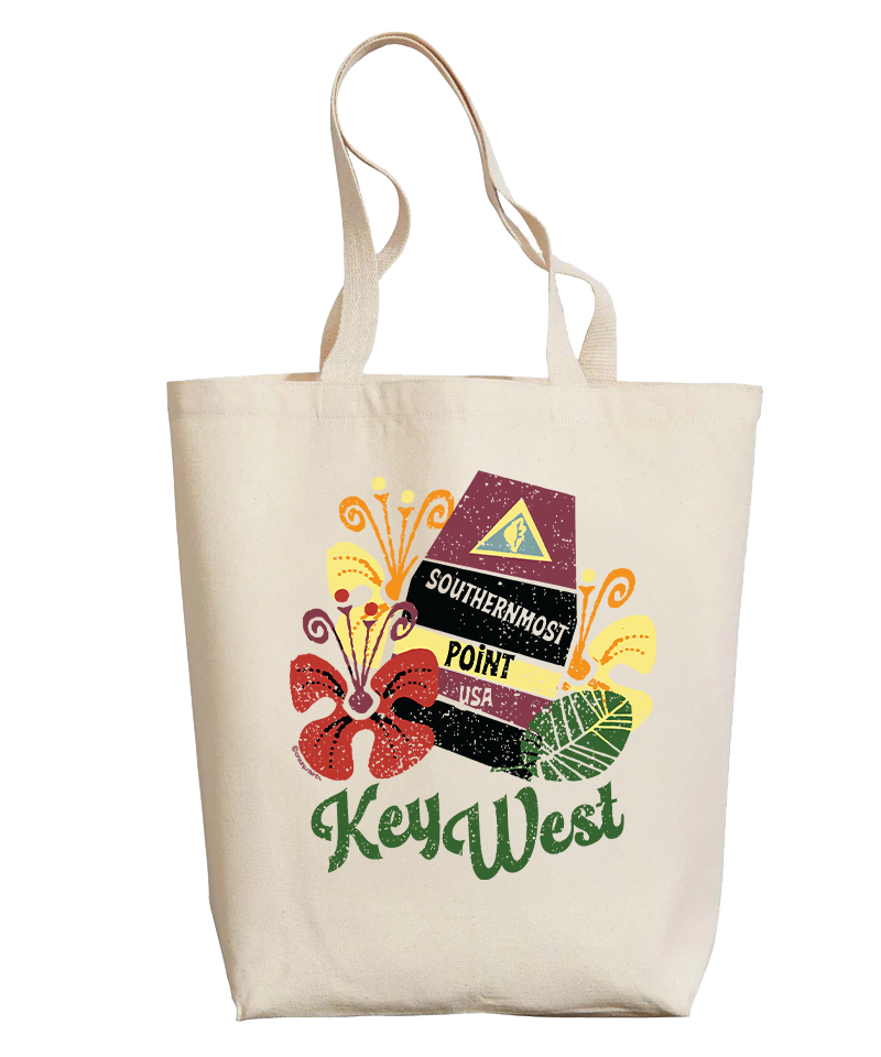 Tote bag with 'Southernmost Point Key West' design on a white background View 1