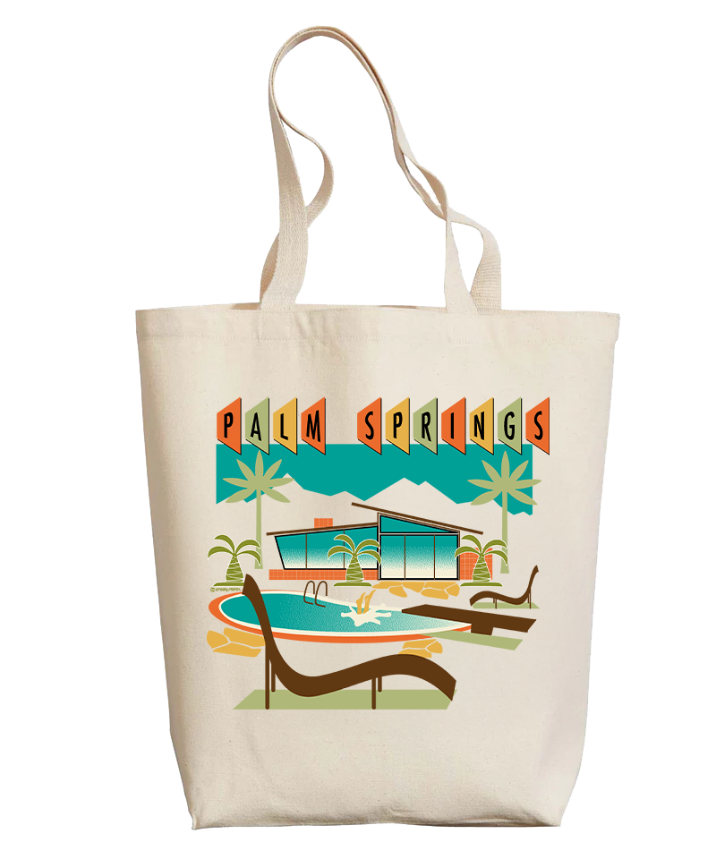 Tote bag with Palm Springs design featuring a pool and lounge chairs. View 1