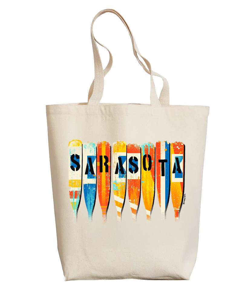 Tote bag with colorful 'SARASOTA' design on a white background View 1