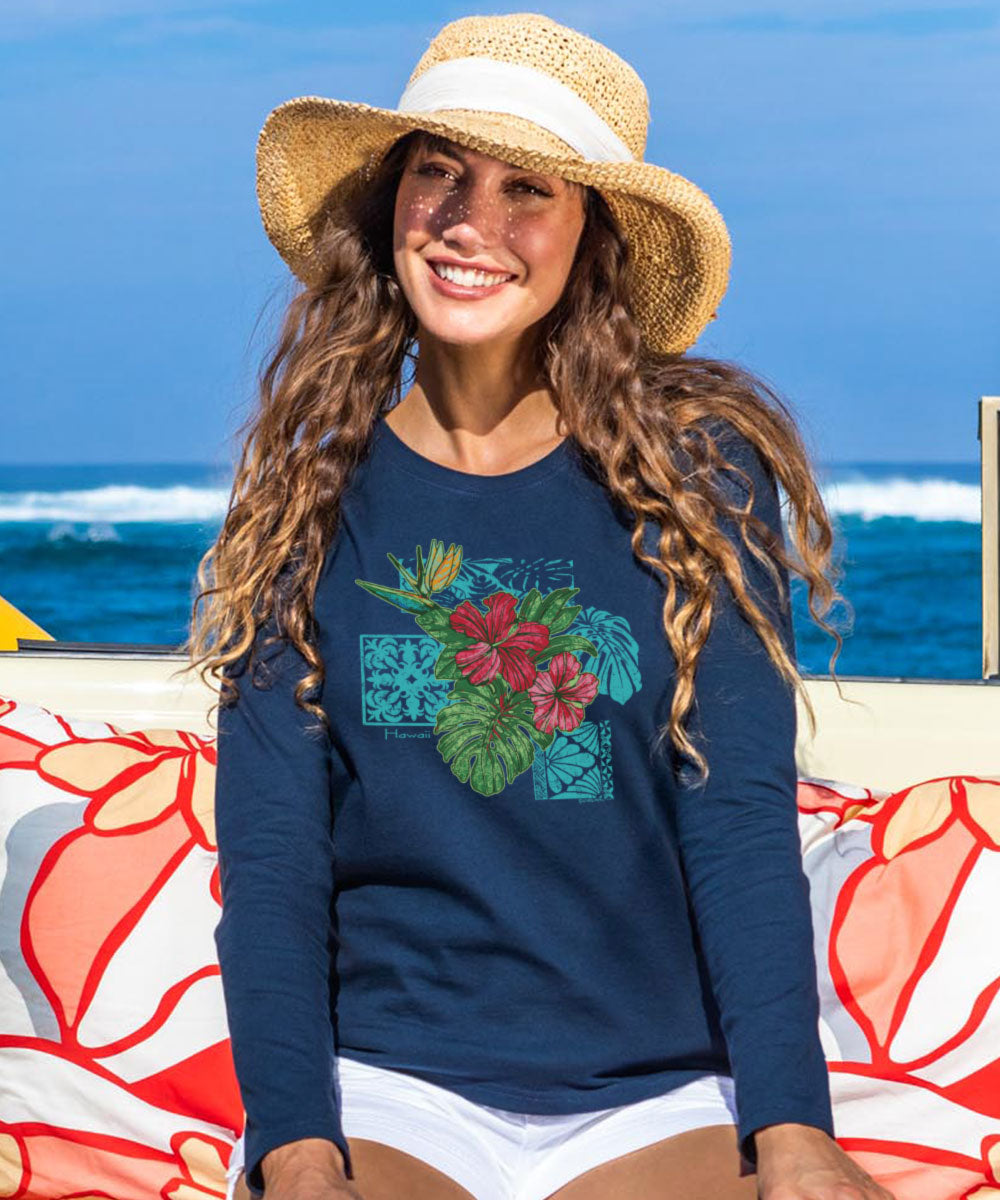 Pua Nani Montage - Navy Long Sleeve Crewneck T-Shirt