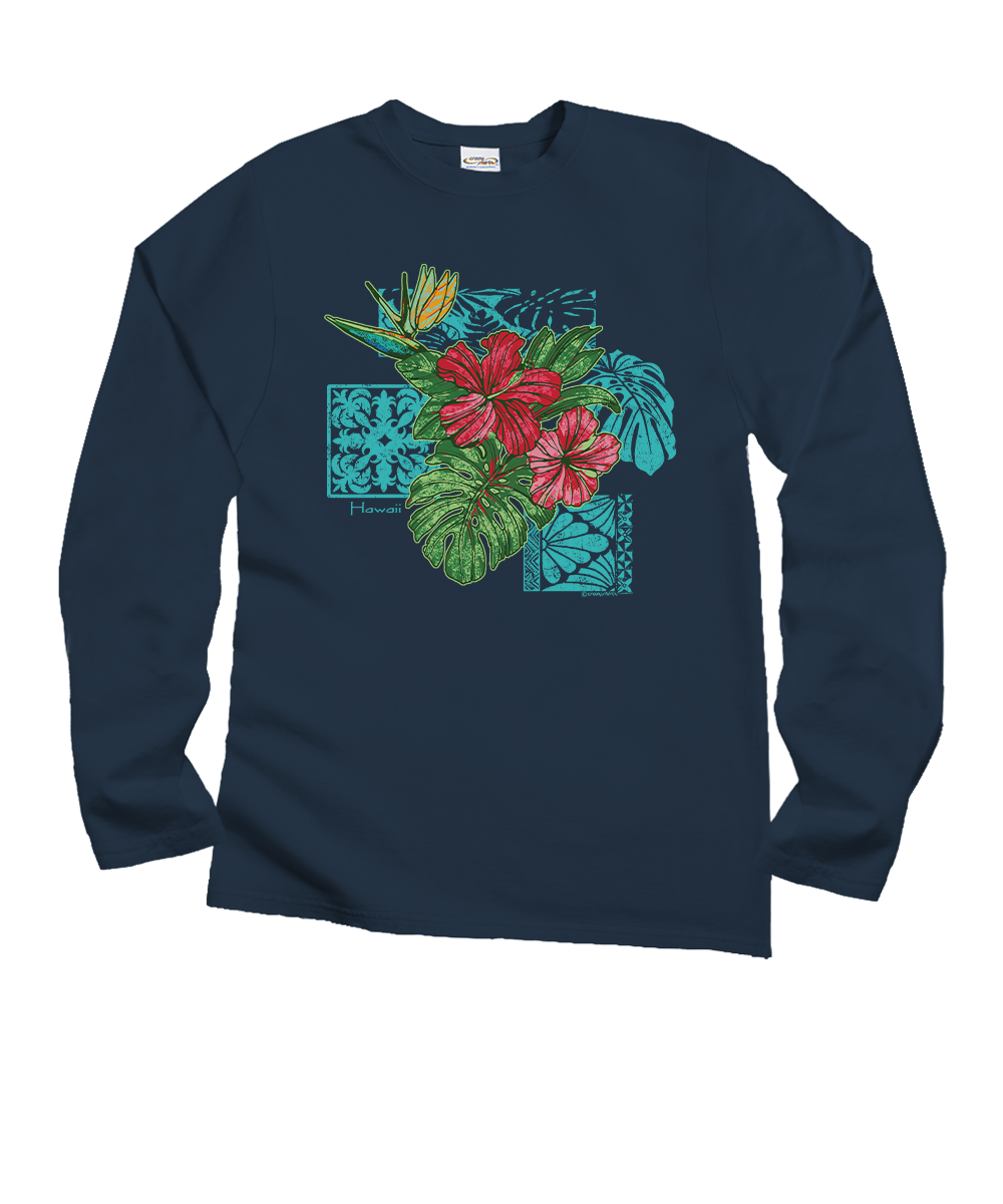 Pua Nani Montage - Navy Long Sleeve Crewneck T-Shirt