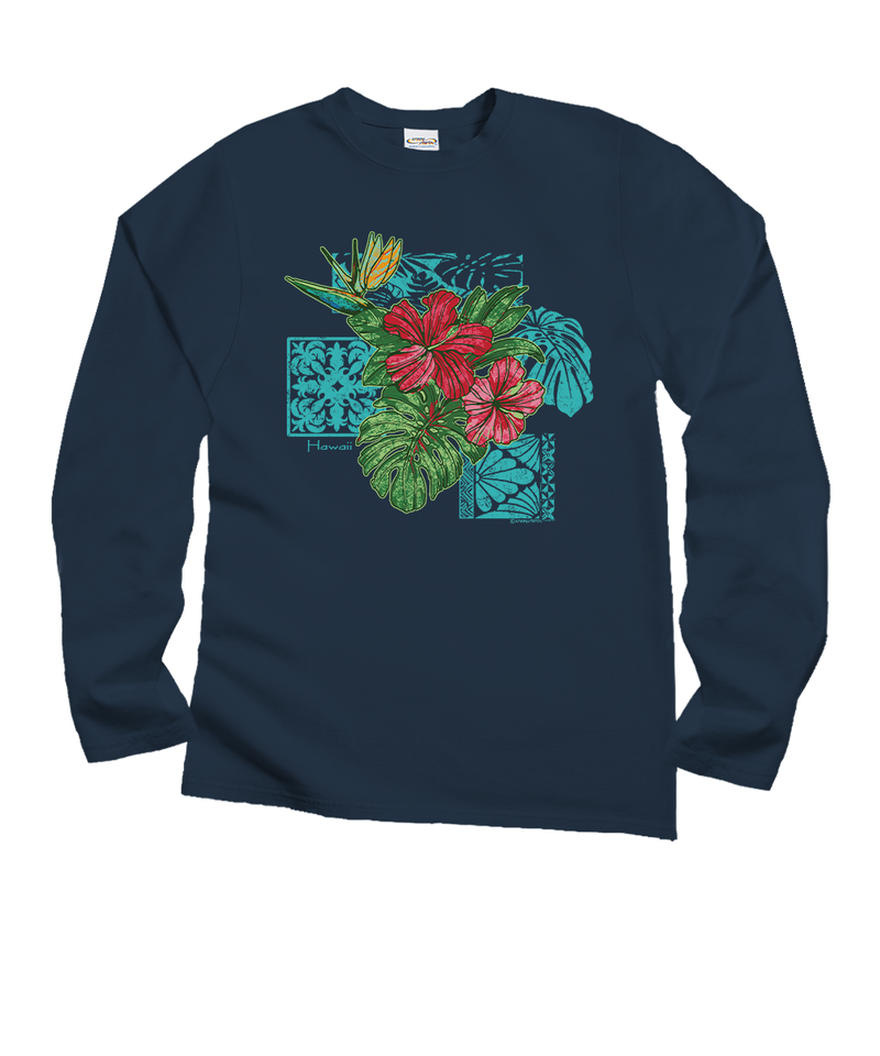 Pua Nani Montage - Navy Long Sleeve Crewneck T-Shirt