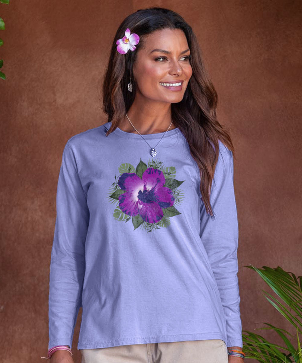 Hibiscus Solo - Lavender Dyed Long Sleeve Crewneck T-Shirt