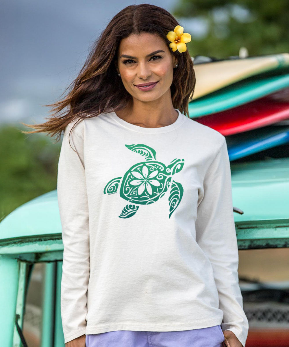 Retro Honu Floral - Coconut Dyed Long Sleeve Crewneck T-Shirt